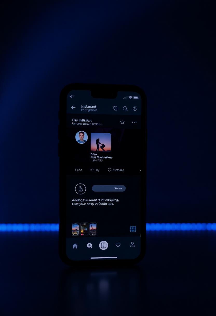 Smartphone exibindo um perfil do Instagram com iluminação azul premium