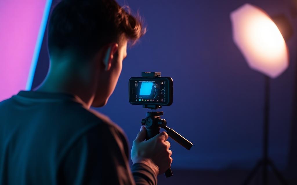 Criador de conteúdo produzindo com smartphone em estúdio com iluminação azul